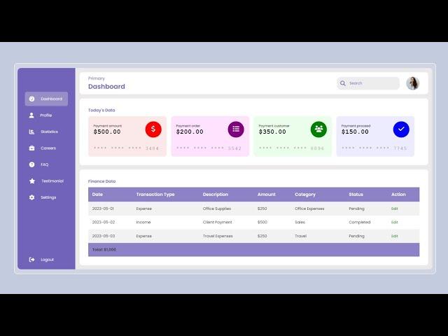 How to create Dashboard with HTML and CSS | Create Finance Dashboard with HTML and CSS