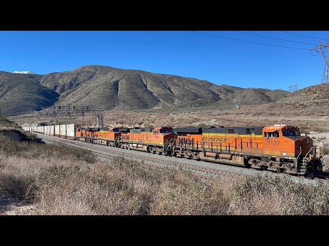 San Andreas Fault! 3 Trains Pass Across The Fault Zone. 4KHDR! Beautiful Blue Cut Cajon Pass.