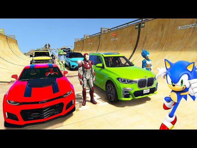 SPIDERMAN CARS MEGA UP DOWN Ramp JUMP Challenge ! SUPERHERO HULK TRAIN Epic new Stunts Race - GTA 5