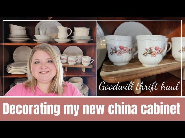 Decorating my antique china cabinet | Goodwill thrift haul | Thrifted furniture Spring kitchen decor