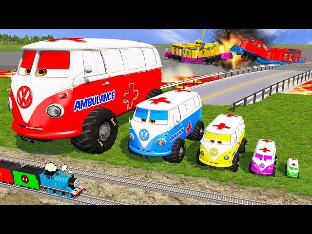 Big & Small Mcqueen Ambulance Rescue Monster Truck - Cars vs Slide Color vs Train with Portal Trap