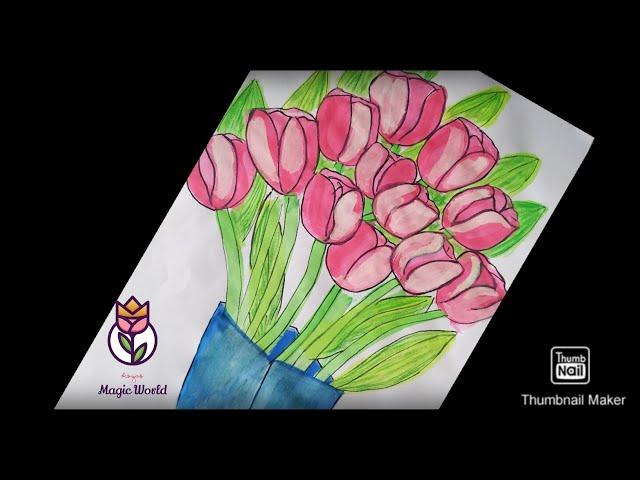 Easy way to paint Tulip - Watercolor painting - Beginners Tutorial - Tulip Vase