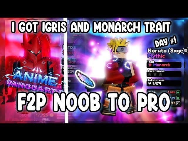 (F2P) Anime Vanguard Noob To Pro Day 1 Got Monarch Trait, Igris Without Spending Robux