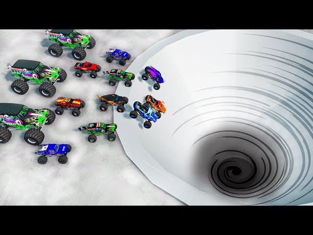10 Monster TRUCKS vs Giant Hole - BeamNG Monster Truck Crashes