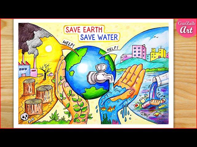 Save Water Save Earth Drawing / Save Water Save Life poster / World Water Day 2024