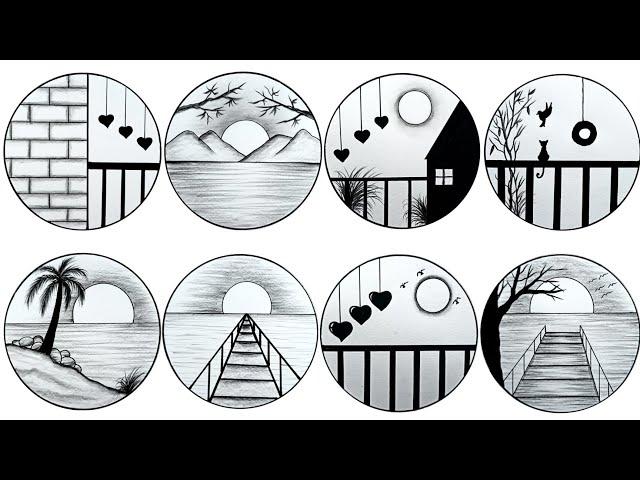 Easy 8 circle scenery drawing ideas || Pencil drawing in a easy drawing || Ashraful dreams drawing