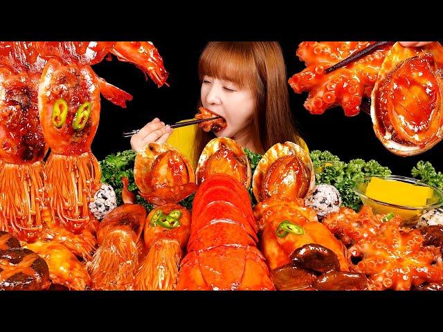 ASMR MUKBANG (COOKING) SPICY SEAFOOD (LOBSTER TAIL, ABALONE, OCTOPUS, SHRIMP, SQUID, ENOKI MUSHROOM)