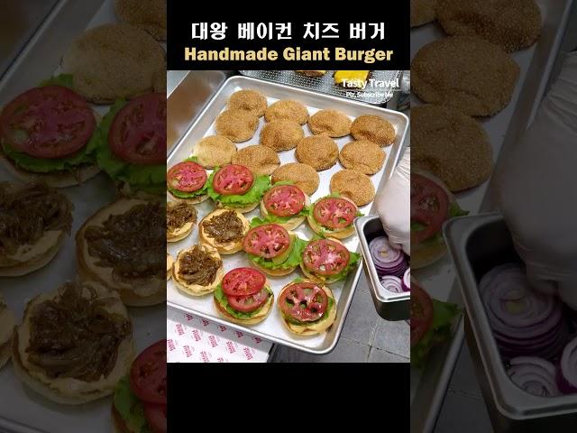 Handmade Giant Burger with 3 cheese and 3 beef patties, Bacon Cheeseburger, Korean street food