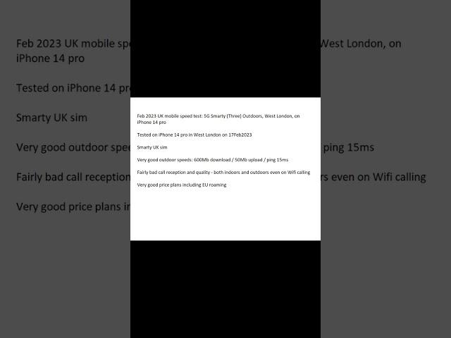 Feb 2023 UK mobile speed test: 5G Smarty (Three) Outdoors, West London, on iPhone 14 pro