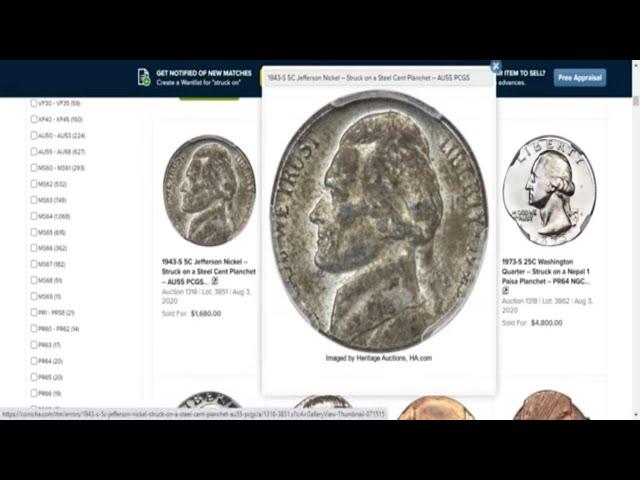 1943-S Steel Jefferson Nickel & Penny Struck Sold For $2,640 !