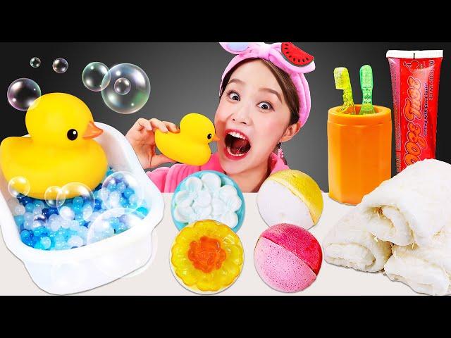 Edible Towel Toothbrush Soap Bath bomb boba Mukbang먹는 수건 칫솔 비누 배쓰밤 팝핑보바 먹방 JiniYum 지니얌