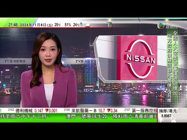 無綫TVB 1000 一小時新聞報道｜日產汽車第二季虧損93億日圓 宣布全球裁員九千人｜荷蘭歐霸盃小組賽後有親巴人示威者襲以色列球迷 逾60人被捕｜前總理李鵬兒子李小鵬被免去交通運輸部部長職務｜TVB