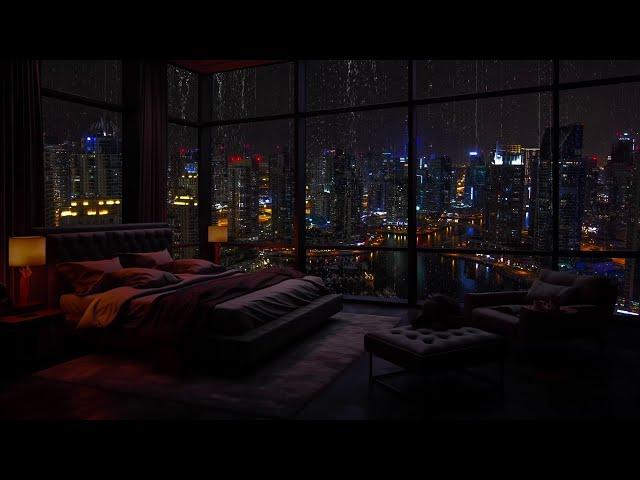 Cozy Apartment Space With Rain At Night In The City For Good Sleep And Relaxation