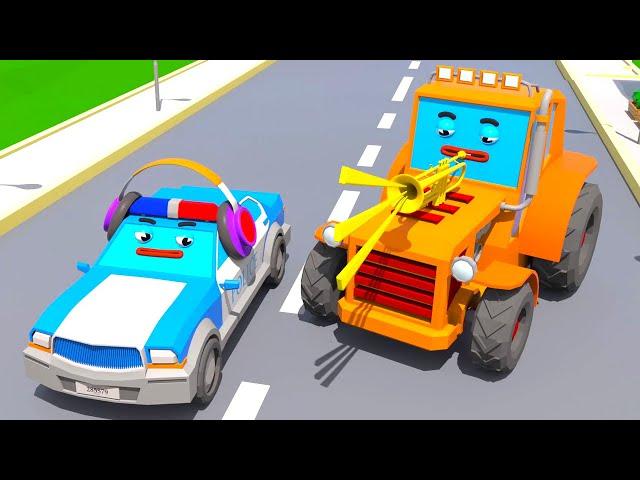 Orange Traktor und Polizeiwagen spielen Trompete | Cars Town - Heller Cartoon Online für Kinder