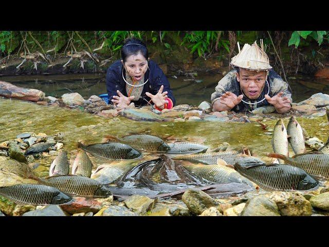 Dwarf Family: Built a dam to block the stream to catch fish to sell at the market | Primitive Joy