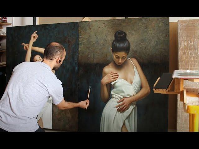 omar ortiz pintando el fondo de la obra primavera oleo sobre lino Hiperrealismo Hyperrealism paint