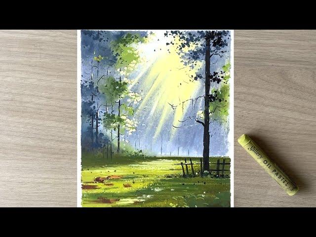 Sunlights in forest - easy oil pastel drawing