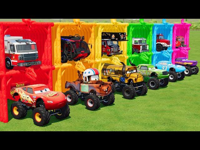 TRANSPORTING MONSTER TRUCK CARS & FIRE ENGINES TO THE STUNT SHOW! Farming Simulator 22