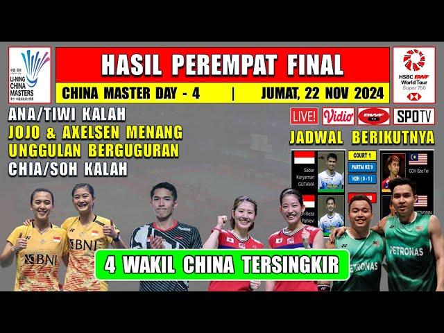 Hasil 8 Besar China Master 2024 Hari Ini ~ ANA/TIWI Kalah ~ AXLESEN JOJO Menang ~ Unggulan Tumbang