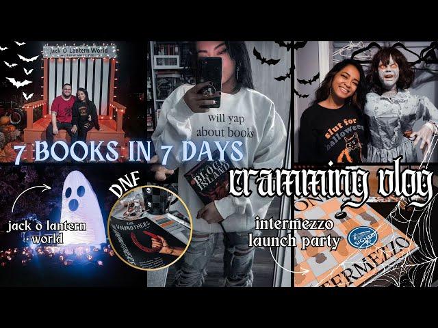 CRAMMING VLOG | reading 7 books in 7 days, jack o lantern world, launch party, spooky haul