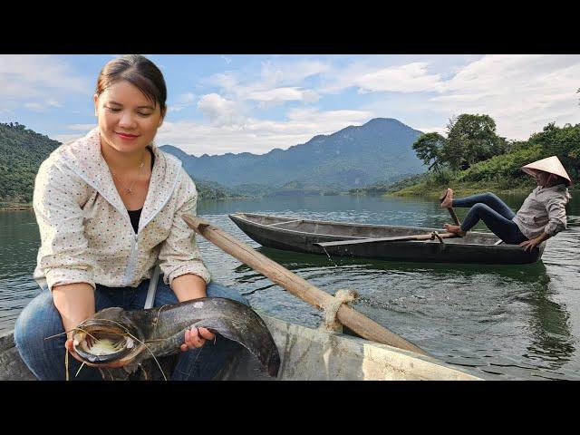 The girl fished overnight and caught a big fish.