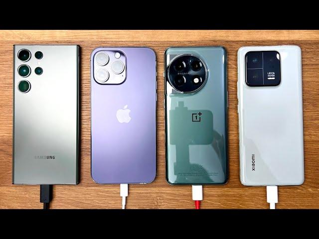 Samsung S23 Ultra vs iPhone 14 Pro Max vs OnePlus 11 vs Xiaomi 13 Pro - Charging Speed Test