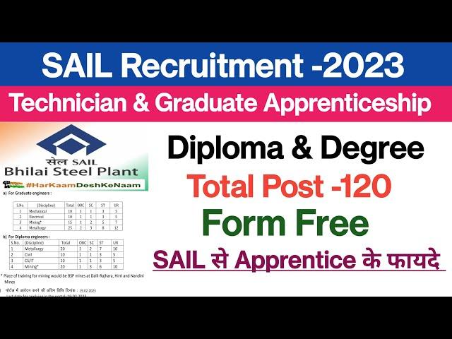 SAIL Bhilai Recruitment 2023||Technician & Graduate Apprenticeship||Diploma &Degree ||Form Free