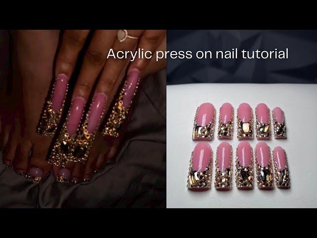 Acrylic press on nail tutorial  gold rinestone nail art step by step, acrylic application