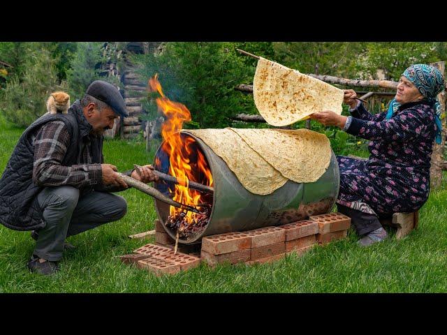 ️ Traditional Lavash Bread: Baking Bread on a Barrel Over Wood Fire