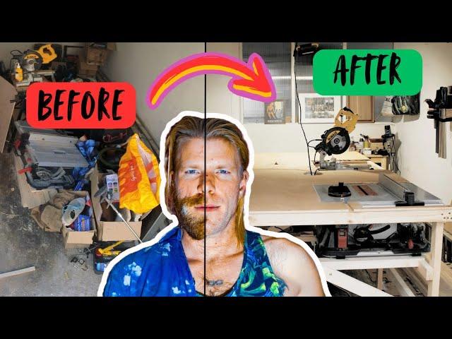 Ultimate DIY Garage Workshop Transformation. Workbench with Table saw, miter saw & Router