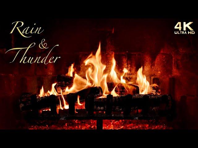 Crackling Fireplace with Rain and Rolling Thunder ~ Soft Lightning Flashes ️