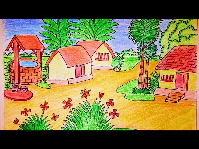 how to make village drawing | with pencil colour easy