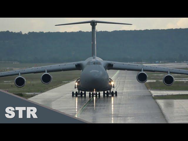 C-5M Super Galaxy: Spectacular Wet Weather Takeoff at Stuttgart Airport!