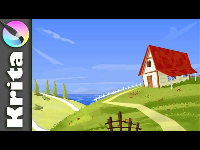 Krita tutorial- Vector style Landscape illustration- Digital Painting tutorial- Speed art Time-lapse