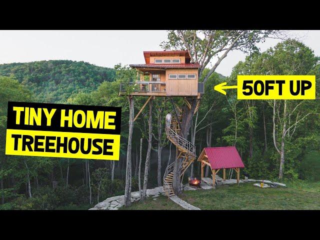 TINY HOME TREEHOUSE 50ft UP IN THE AIR! Off-Grid Airbnb Treehouse Tour