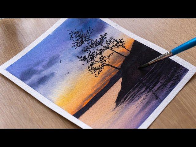 Drawing with Watercolor / Easy Sunset Lake Watercolor Painting Tutorial