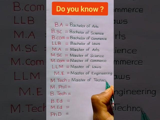 B.A/B.Sc/B.Com/LLB/M.A/M.sc/M.com/LLM/M.E/M.Tech/PhD Full Form