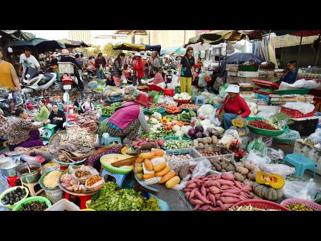 Early Morning Food Market - Daily Activities & Lifestyle of Vendors Selling Food in Cambodia Market