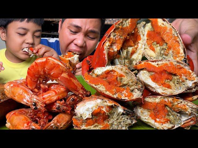 Full of Aligue Giant Female Mud Crabs  + Super Jumbo Tiger Prawns with Butter garlic Sauce Mukbang