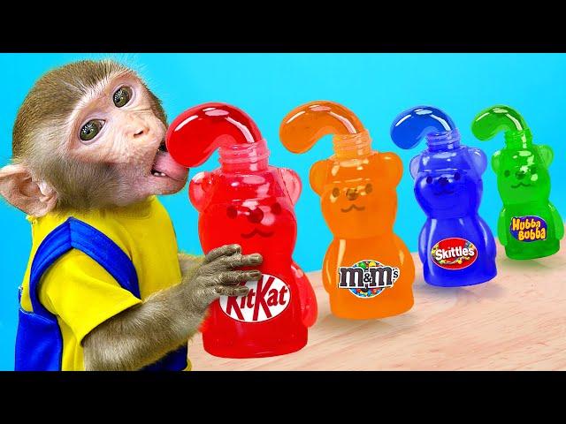 KiKi Monkey pretend sell Sweet Honey Bear Rainbow Jelly and swim at pool | KUDO ANIMAL KIKI