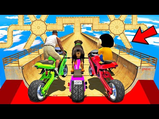 SHINCHAN AND FRANKLIN TRIED WHEEL MEGA RAMP & CRAZY RACE  JUMP CHALLENGE BY CARS BIKES TRUCKS GTA 5