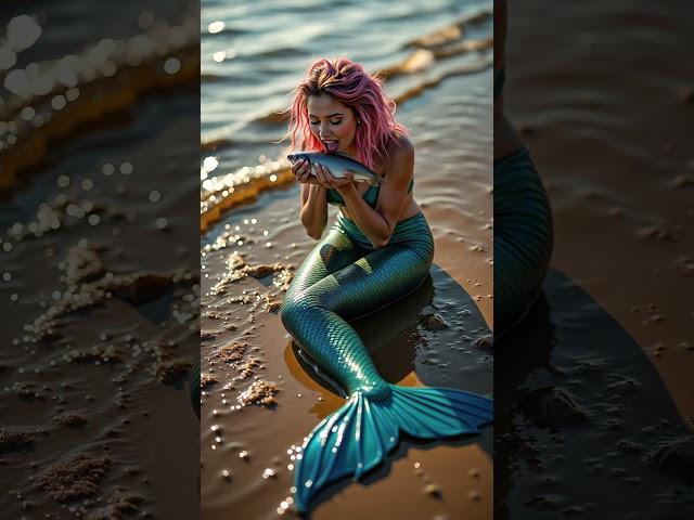 Mermaid Found Eating Fish Peacefully on the Shoreline #babygirl #mermaid #shorts #ai