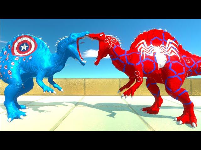 SPIDERMAN SPINOSAURUS vs CAPTAIN AMERICA SPINOSAURUS DEATH FALL - Animal Revolt Battle Simulator