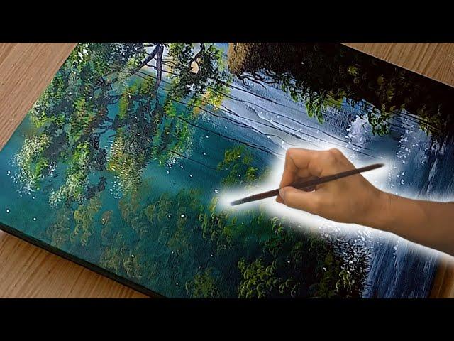 Idea to Paint a Glowing Waterfall/ Acrylic Painting Landscape step by step for beginners