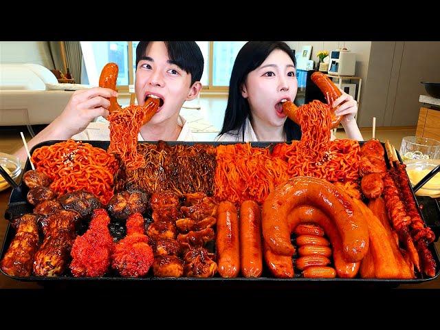 ASMR MUKBANG| Fire spicy Black bean Mushrooms, Fire Noodles, Seasoned Chicken, Kielbasa Sausage.