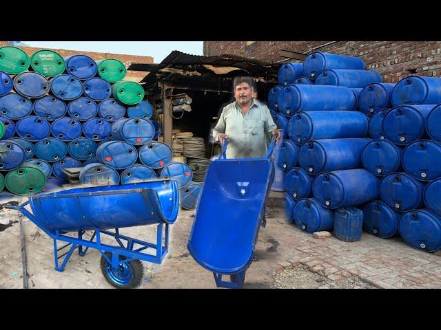 Amazing Process of Making  Wheelbarrow Out of Plastic Oil Drums || How to make Plastic Wheelbarrow.