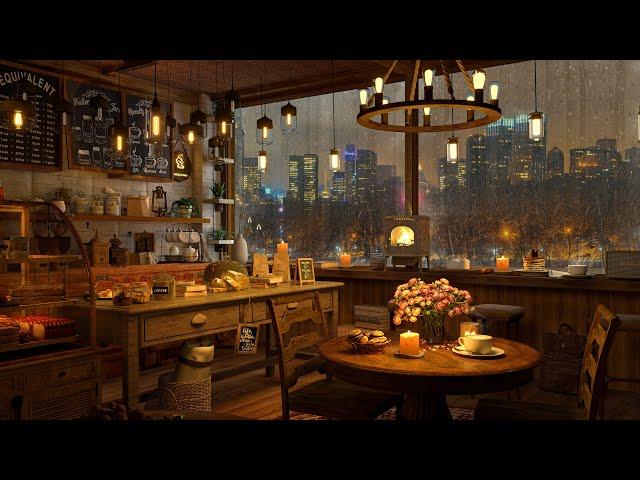 A Rainy Day in 4K Cozy Coffee Shop  Background Instrumental to Relax, Study, Work