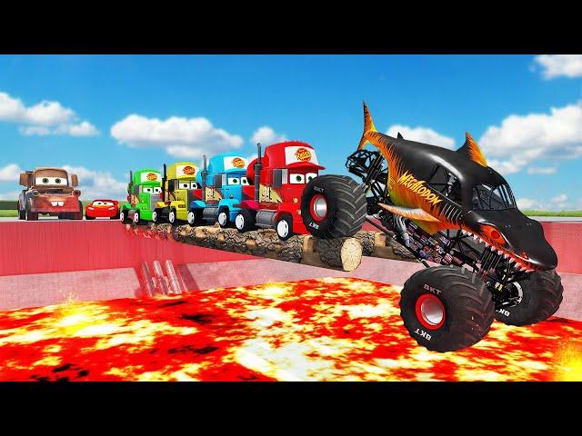 MONSTER SHARK TRUCK VS 4 COLOR MACK TRUCK WITH LIGHTNING MCQUEEN AND TOW MATER REVENGE