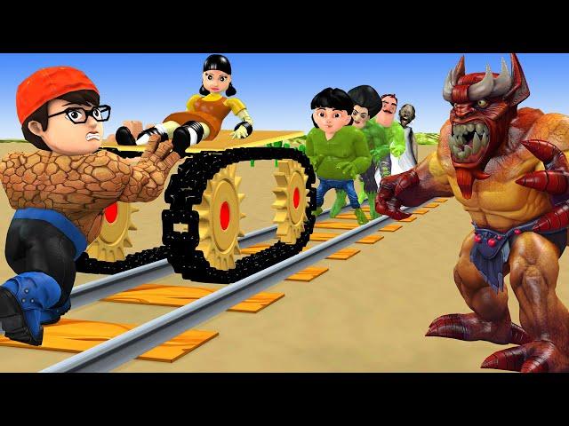 Scary Teacher 3D vs Squid Game become Superhero stop Chain Train save Girl Doll 5 Times Challenge