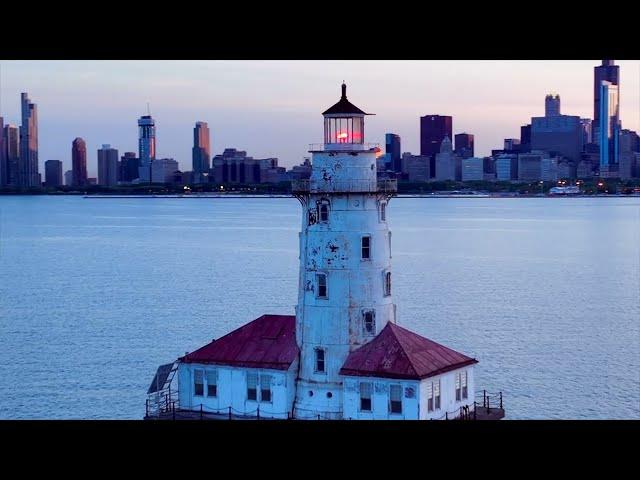 Drone Flight - One Mile Out In The Lake - Sunset at Chicago Harbor Lighthouse